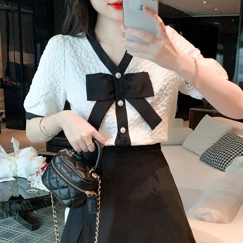 Summer New Korean Style Shirt Tops Bow V-neck Stitching Long Sleeve Chiffon Women's Chiffon Blouse