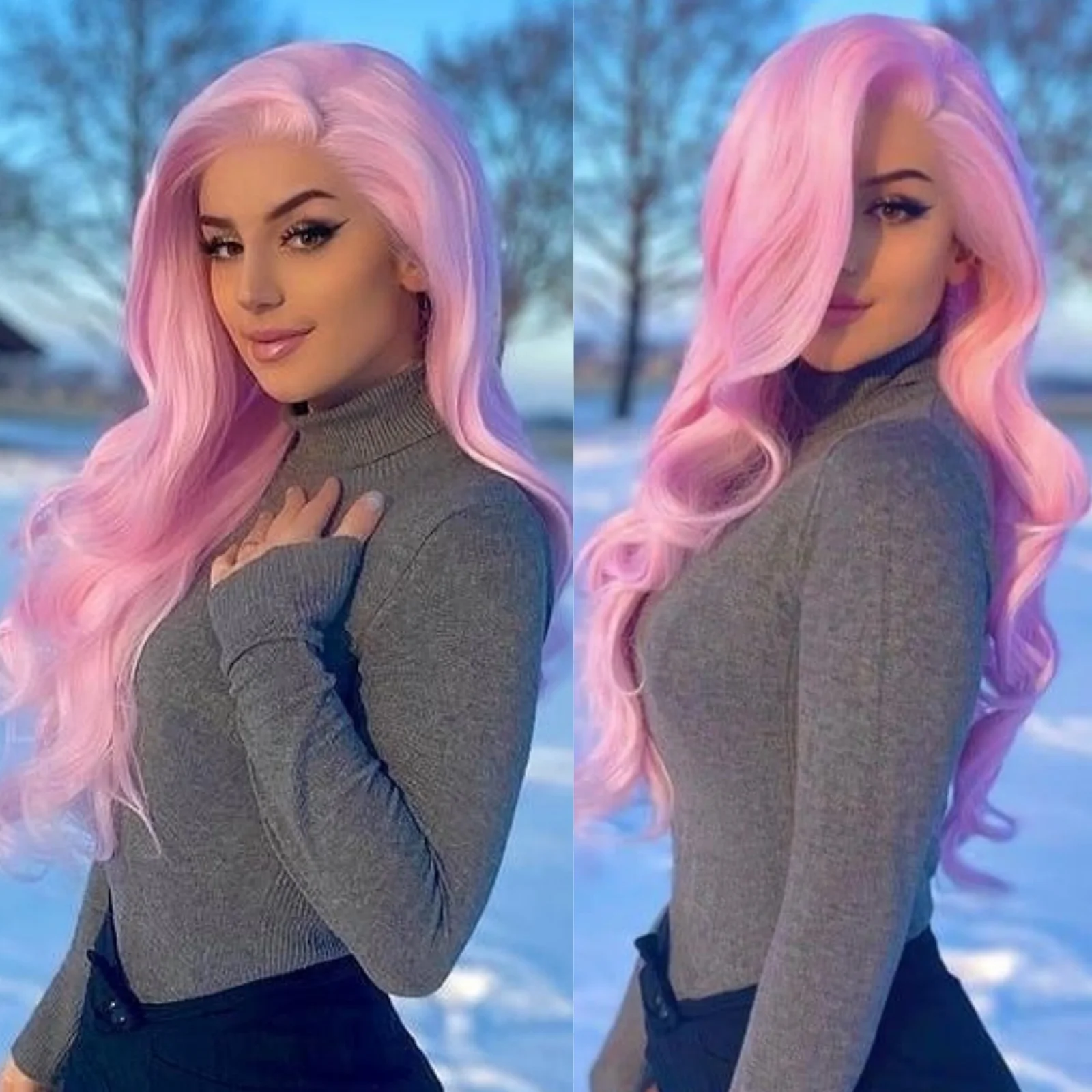 Long Wavy Hair Light Pink Synthetic Lace Front Wig Natural Loose Body Wave Frontal Pastel Pink Colored 13X4 Curly Wigs for Women