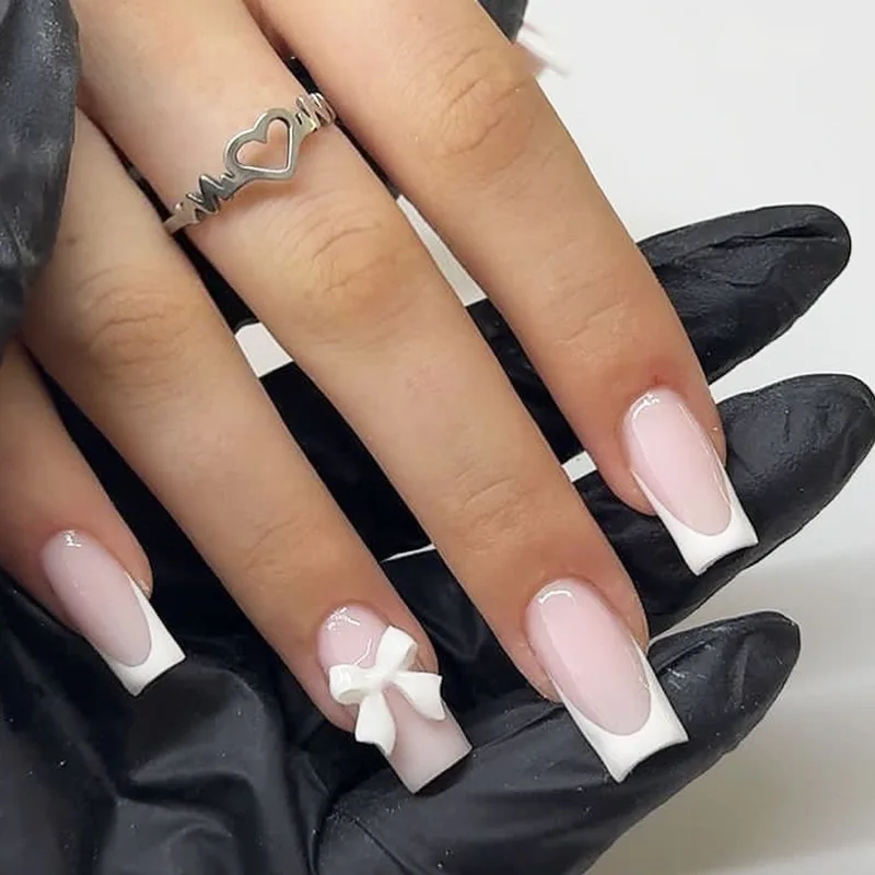 Nude rosa imprensa em unhas branco estilo francês cabeça quadrada unhas falsas encantos bowknot projetos moda capa completa dicas de unhas falsas