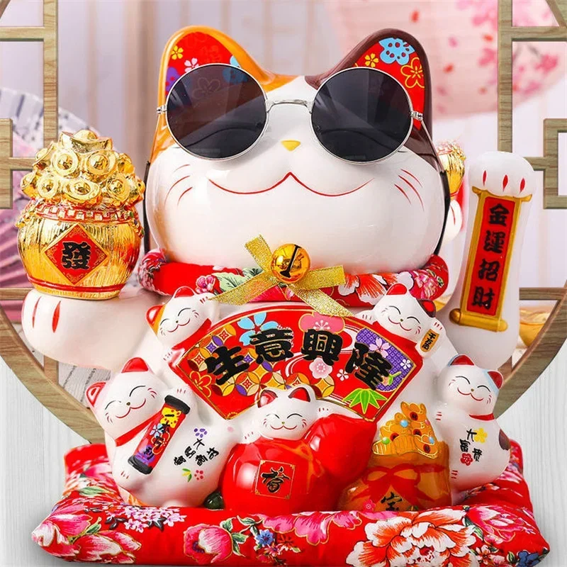 7 Inch Lucky Cat Decoration Feng Shui Fortune Cat Ceramic Electric Wave Hand Treasure Shop Gift Good Luck Home Festive Craft