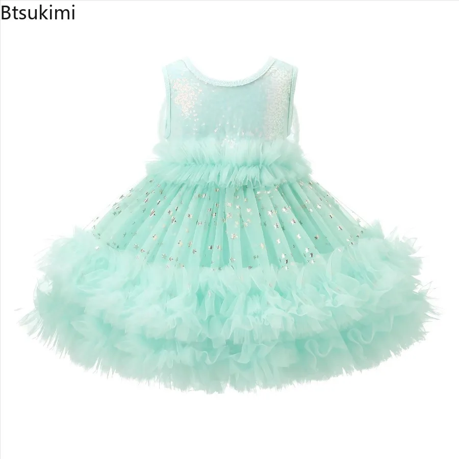Summer New Princess Dress Gradient Tulle Girl Birthday Party Dress for Kids Sequin Rainbow Sweater Dress Sweet Children Clothing