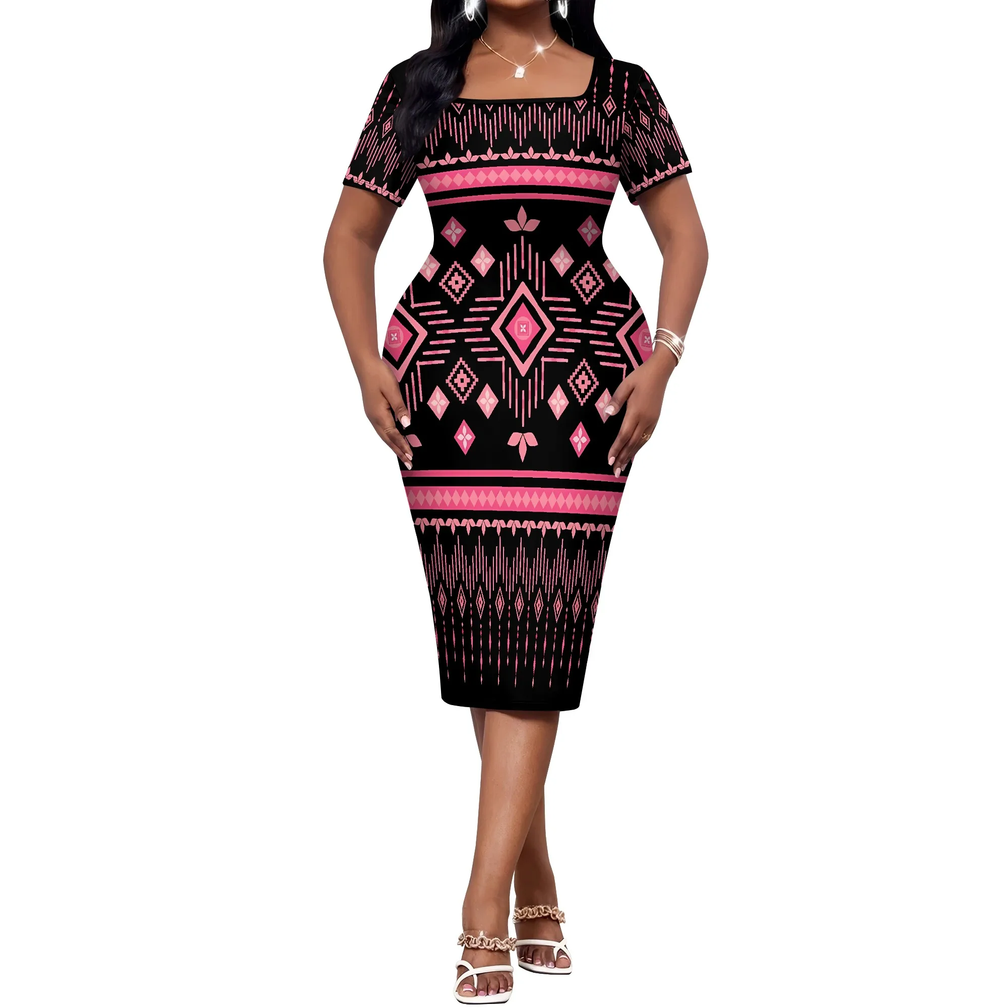 Vestido feminino com estampa étnica geométrica Nupusa plus size verão casual gola quadrada manga curta vestido midi