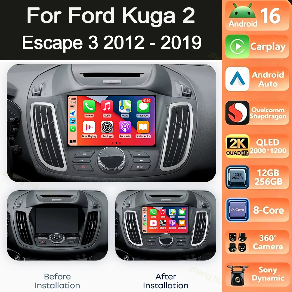 Android 16 Carplay&Auto Autoradio Navigation Multimedia Stereo Player QLED GPS Für Ford Kuga 2 Escape 3 2012 - 2019