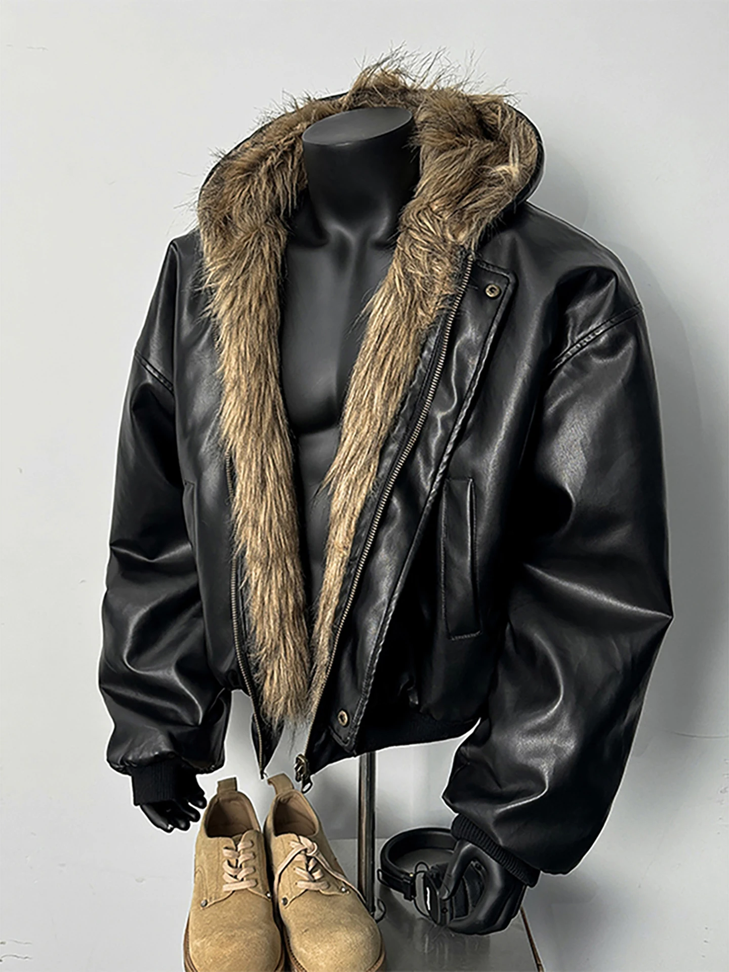 2025 New Reversible Shearling Shearling Coat Men's Winter Short American Fashion Trend Zipper Hooded Jacket Top