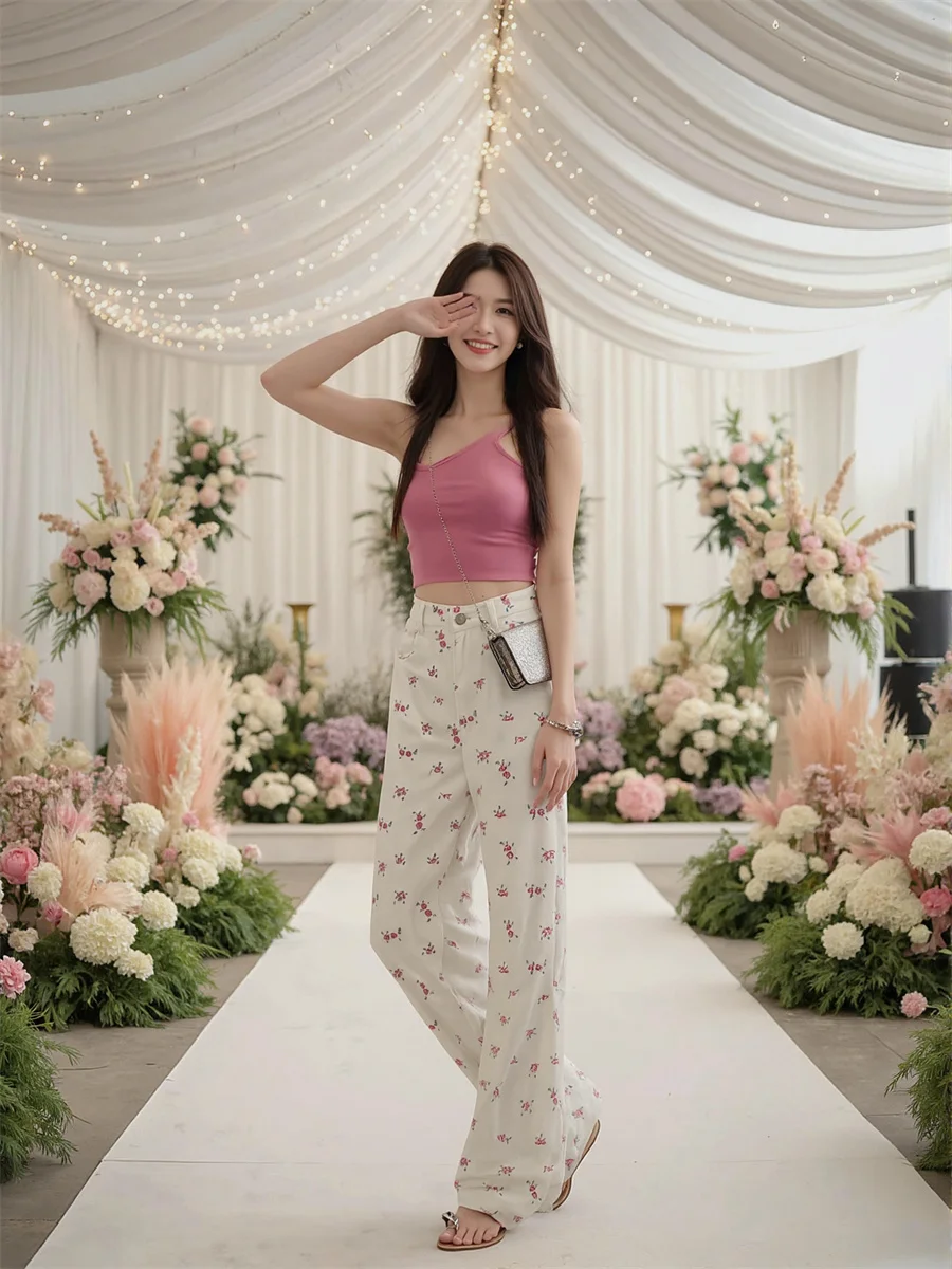 달콤한 꽃무늬 하이웨이스트 청바지 여성용 데님 팬츠 여름 나일론 테이퍼드 E-걸 비치웨어 휴가 리조트 BF