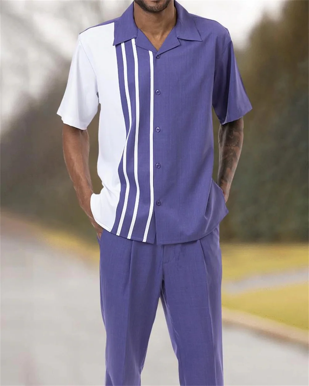 Men's short sleeved printed shirt+long pants set with lapel buttons, outdoor leisure vacation casual men's walking suit set