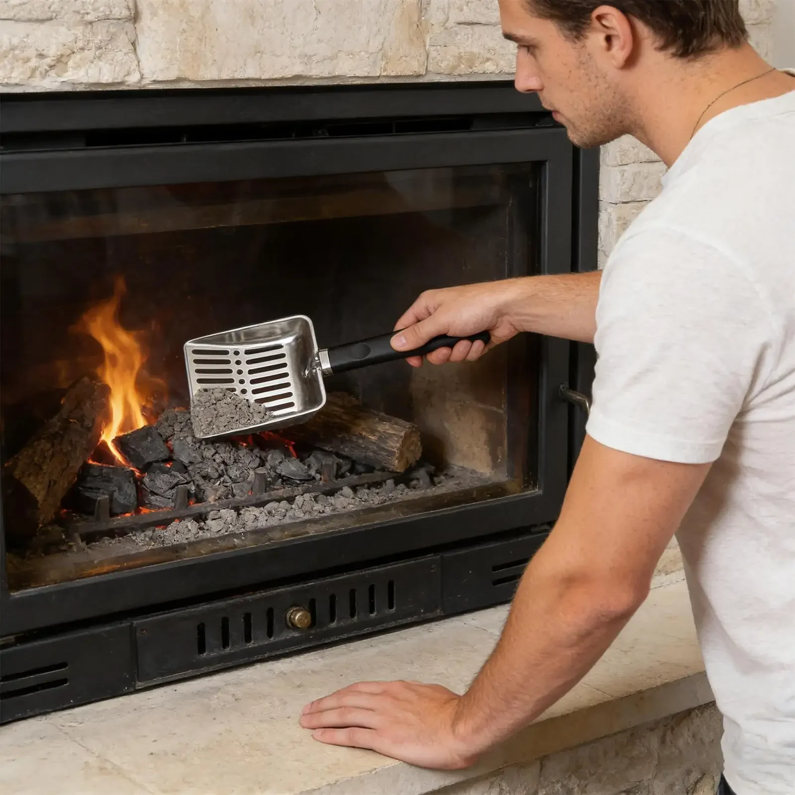 Metal Fireplace Ash Shovel Heat Resistant Fire Pit Tools Black Coal Shovel Hollow out Fireplace Ash Sifter