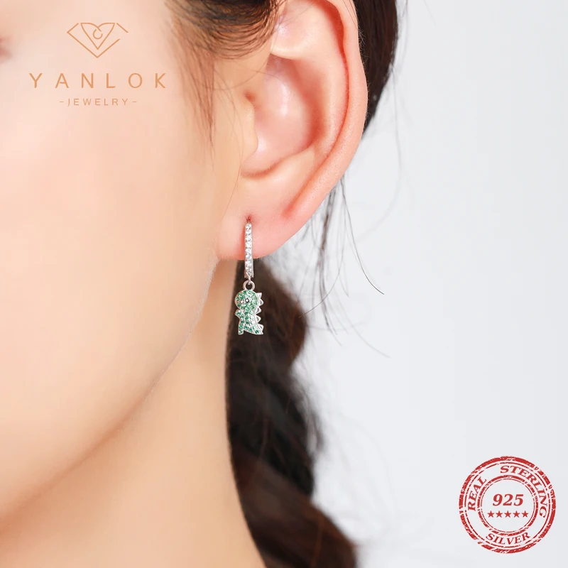 YANLOK Vintage Round Hoop Earrings 925 Sterling Silver Sweet Lovely Green Crystal Dinosaur Earrings for Women Trendy Jewelry