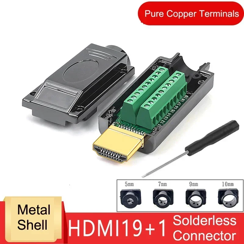 HDMI Solderless Male Connector HDMI Welding Free Circuit Board Adapter Wire Terminal 4K HD Line Repair with Metal/Plastic Cover