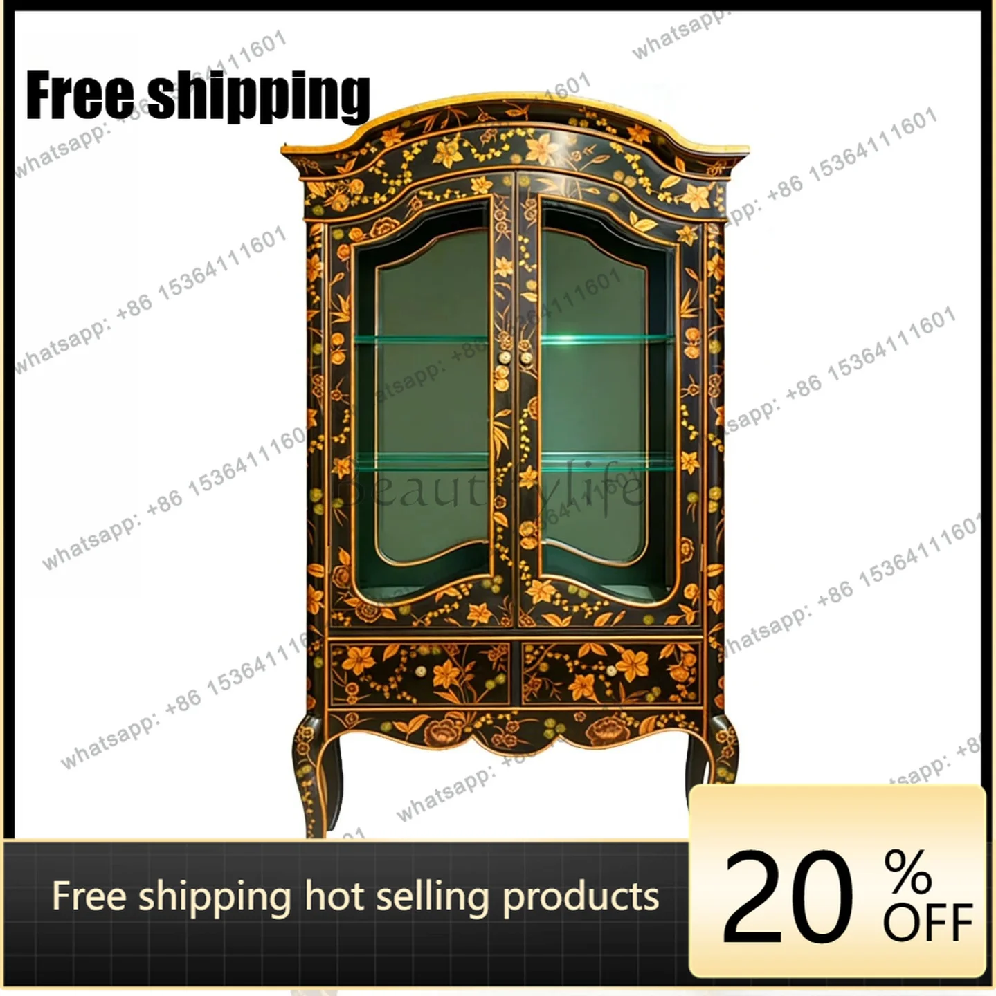 HOT European luxury retro wine cabinet solid wood hand-painted integrated wall glass display storage side cabinet C2455