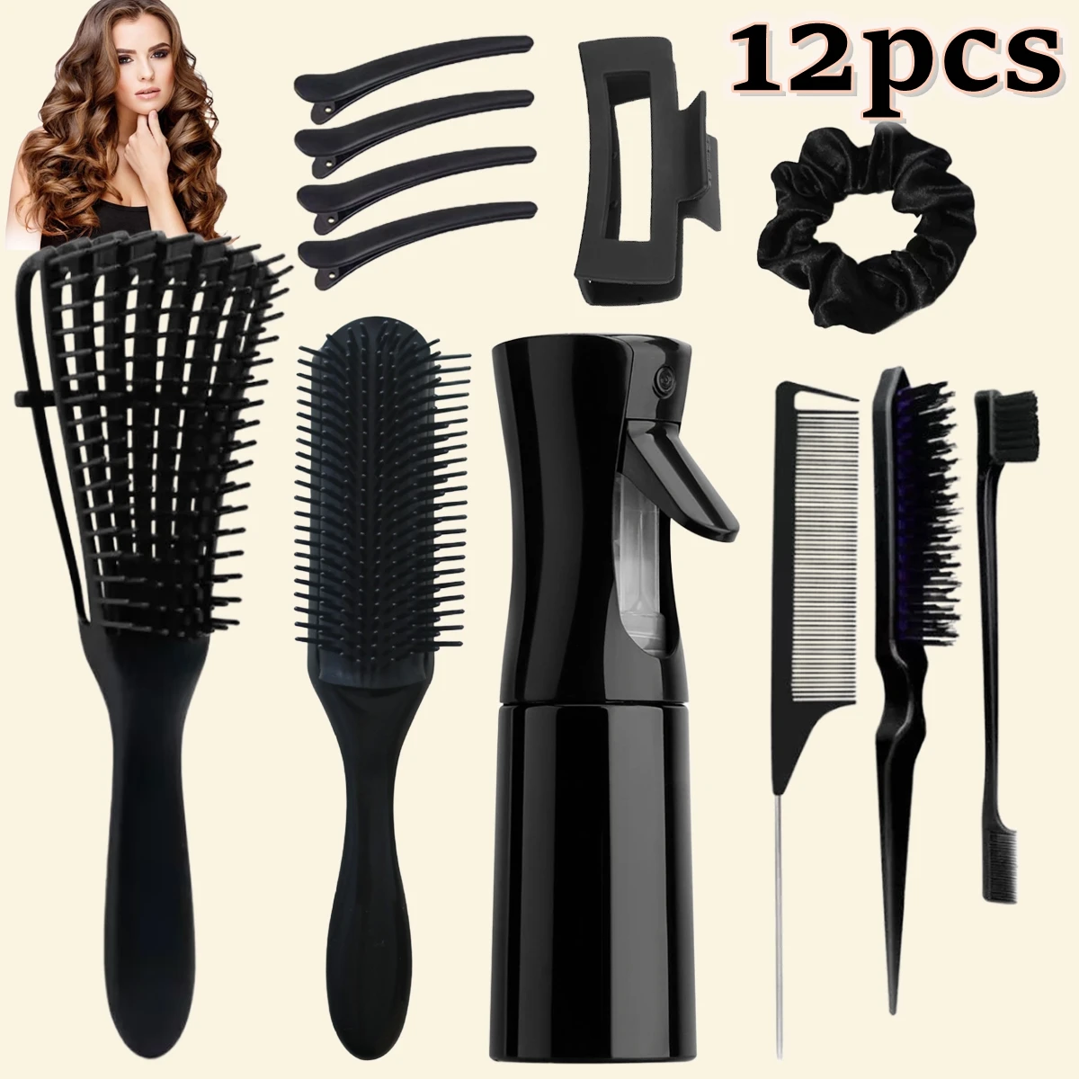 

12pcs Detangling Brush Set, 200ml Continuous Spray Bottle, Premium Wide Tooth Comb, Scalp Massager Shampoo Brush, Brush Set with