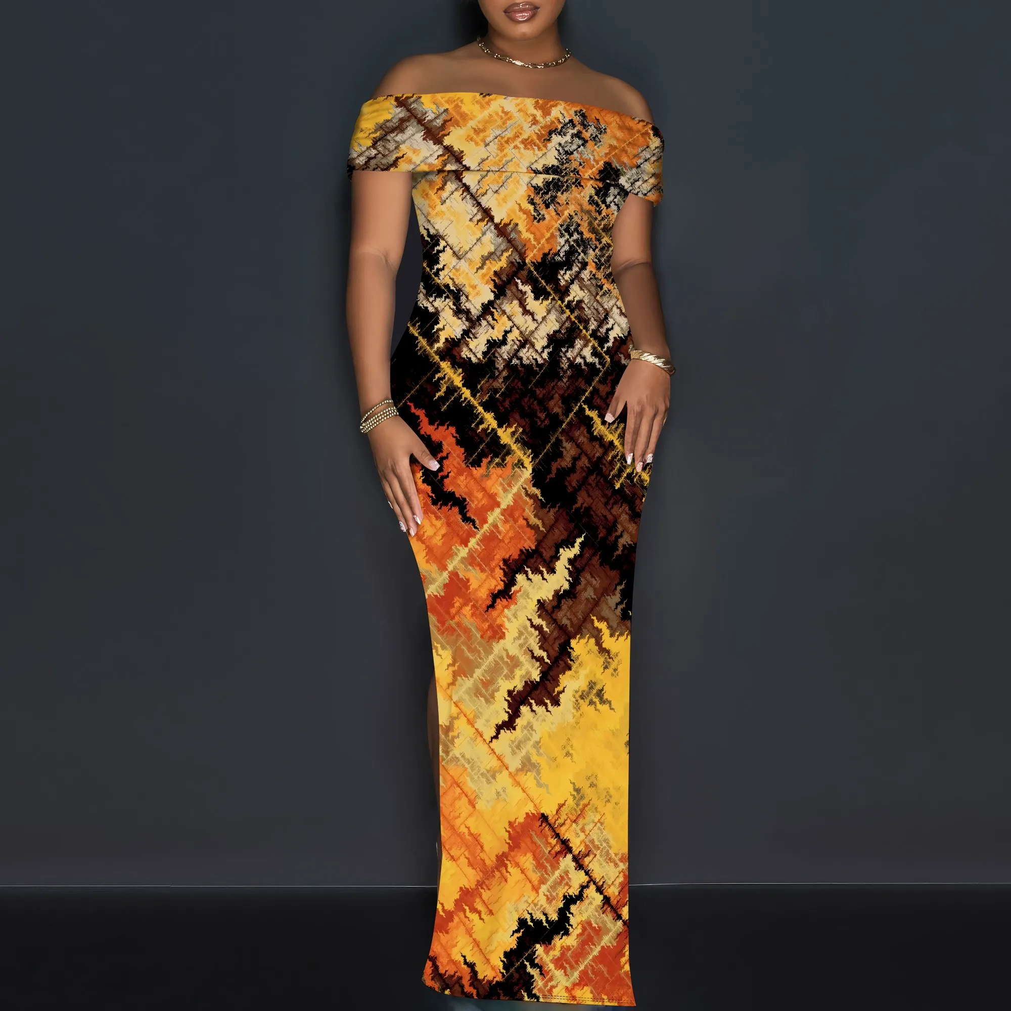

Women's Red Abstract Short Sleeve One-Shoulder Slit Printed Maxi Dress Polyester Party Winter Bold