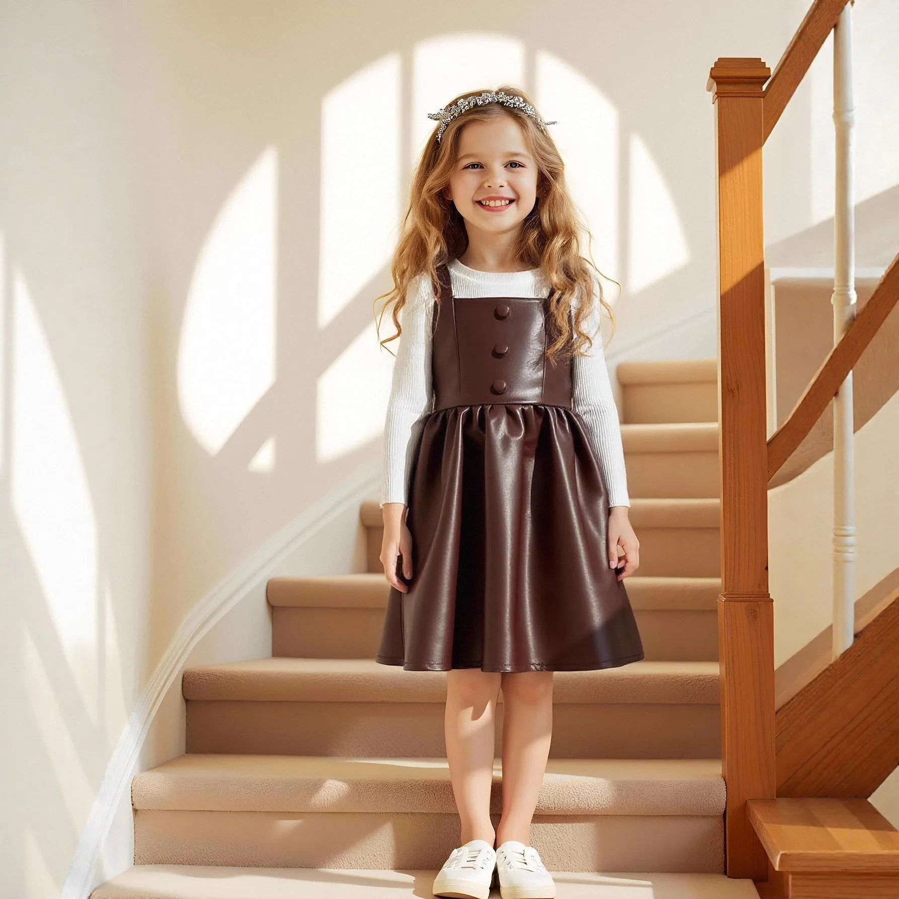 Kids Girls Spring Autumn Two-piece Suspender Dresses 2026 New Suit Long-sleeved Suspender Leather Dress Sets Long Sleeve Dresses