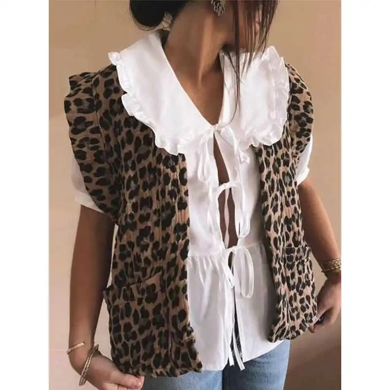 

Chic Leopard Print Ruffle Vest ort O Ne Women's Faion Top Cleanfit Sle Artificial Silk Material Inner Wear