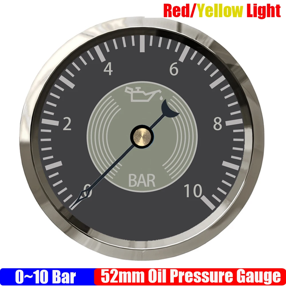 

0~10Bar 52mm Oil Pressure Gauge Yellow Red LED Pointer Oil Press Meter Indicator Sensor Vintage for Auto Car Boat Yacht Custom