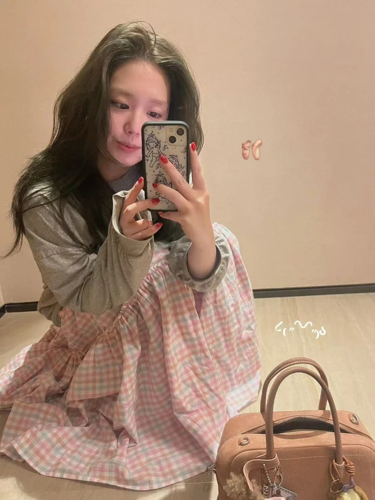 Rosa xadrez saia longa feminina japonês bonito mori meninas dobras saias de linha a primavera verão doce todos os jogos casuais faldas