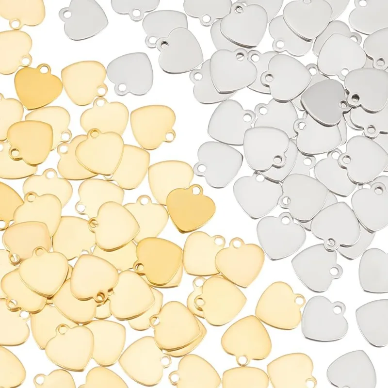 

100Pcs 2 Colors 201 Stainless Steel Heart Charms Stamping Blank Tag Love Heart Pendants Metal Laser Cut Flat Drop Dangle