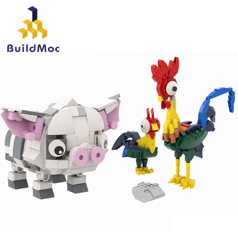 

Buildmoc Ocean Princess Movie Pet Pig Chicken Heihei Animals Model Building Blocks Toys For Children Kids Gifts Assemble Bricks