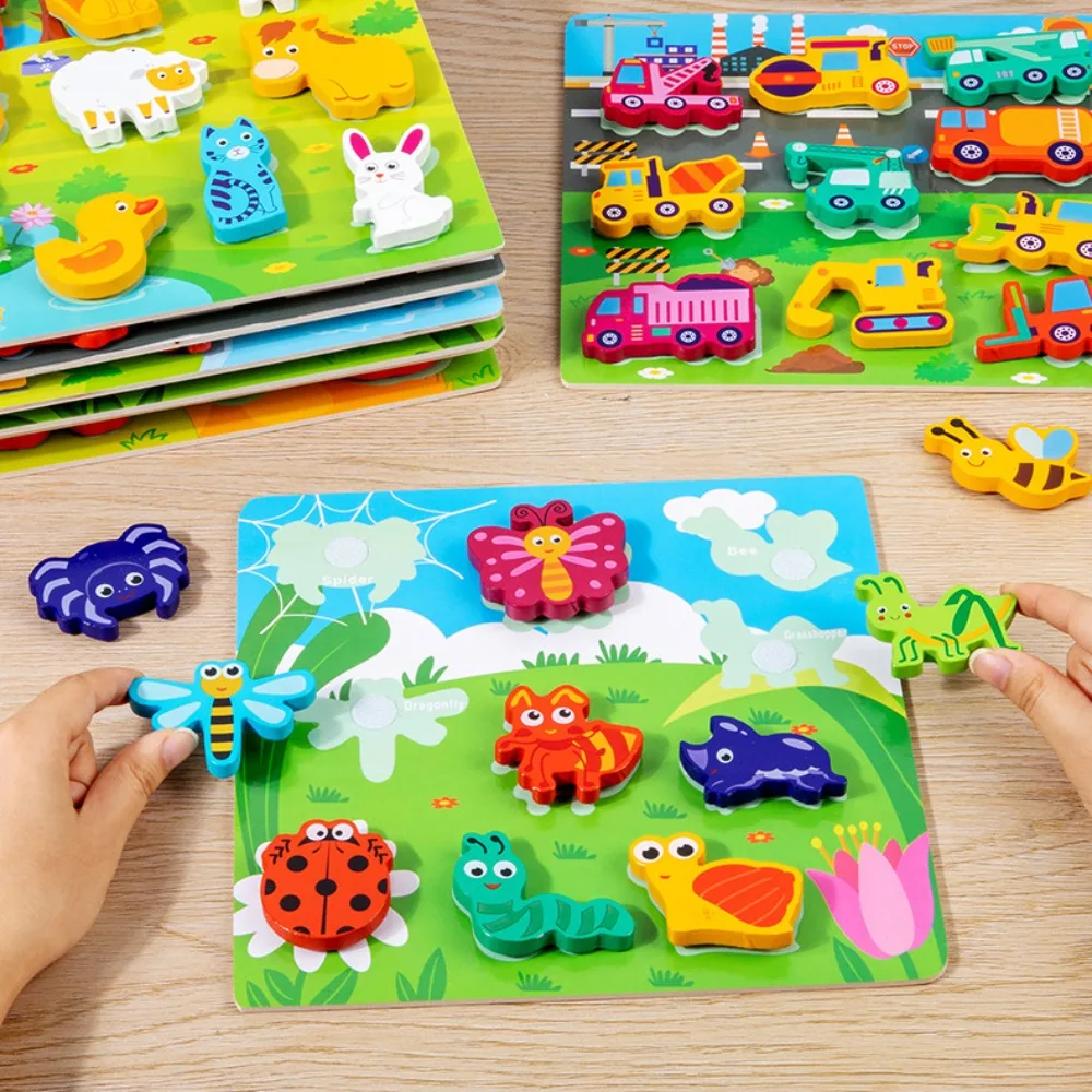 3D Puzzles Children Cognitive Puzzle Toy Jigsaw Cartoon Animals Matching Puzzle Game Shape Wooden Montessori Wooden Puzzle Toy