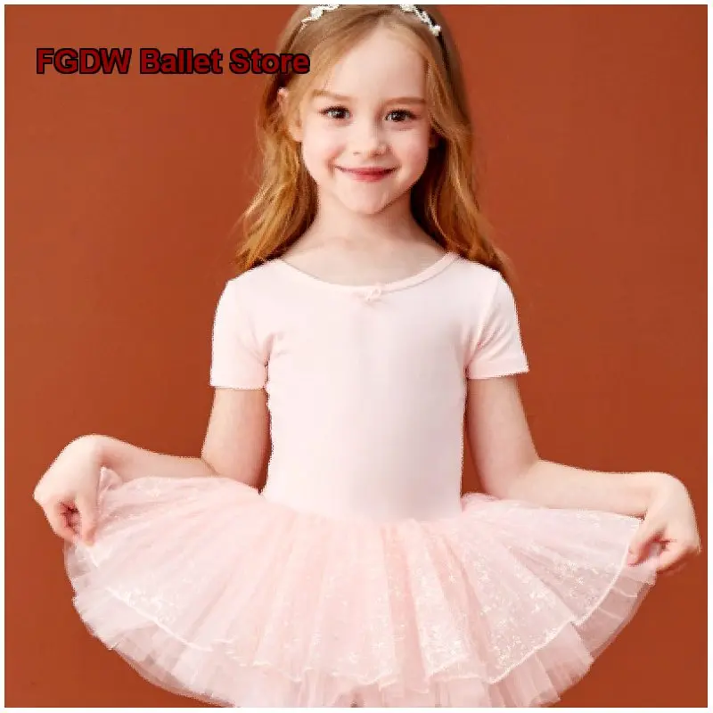 Children's Girls Dance Dress Summer Short Sleeves Chinese Dance Body Suit Practice Leotard Tutu Skirt Kids