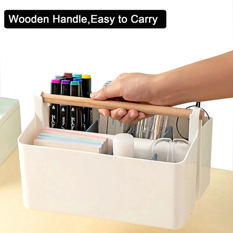 Desk Organizer Multi-Functional Carry Divided Office Storage Tote Plastic Pencil Pen Holder White & Orange