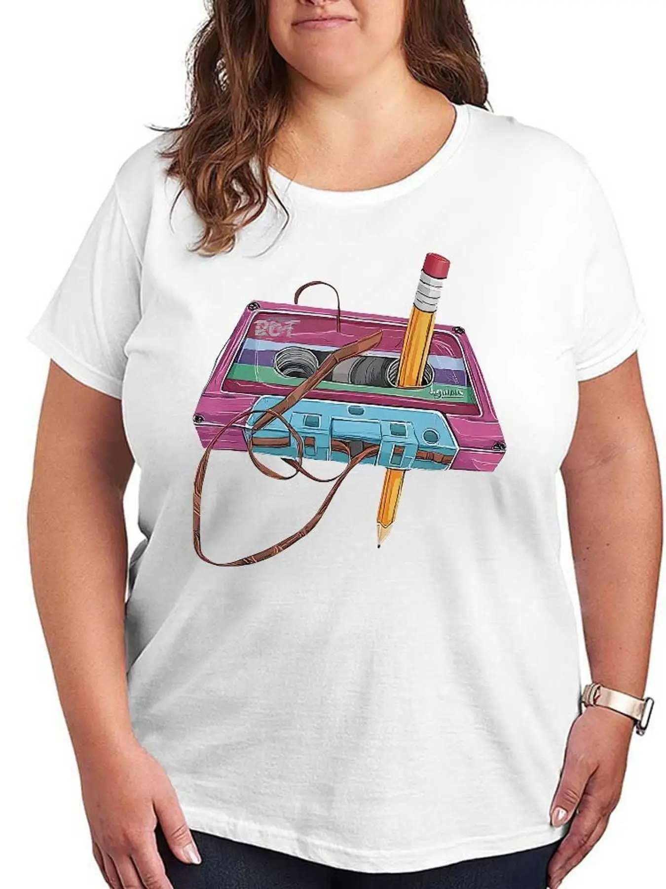 Vintage Retro Cassette Tape Graphic T Shirt Women Fashion Stretchy Casual Short Sleeve Oversized Tee Plus Size Cotton Soft Summer Top