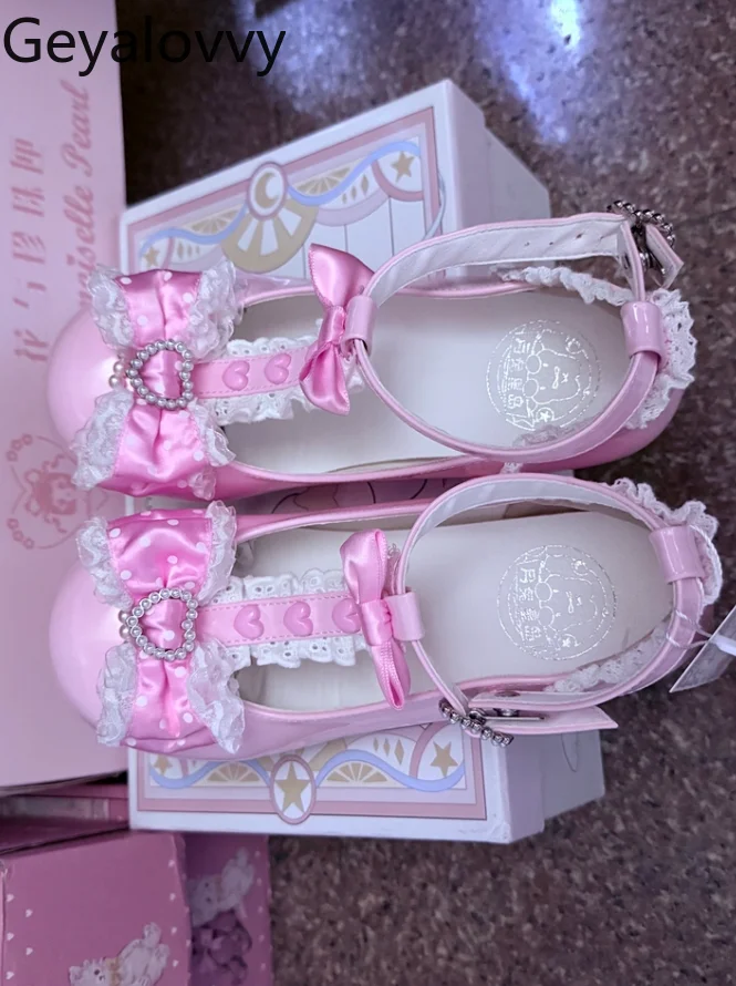 

Lolita Original Japanese Style Cute Versatile Round Toe Single Shoes Sweet Girls Bow Lace Ankle Strap Party Mid Heel Shoes