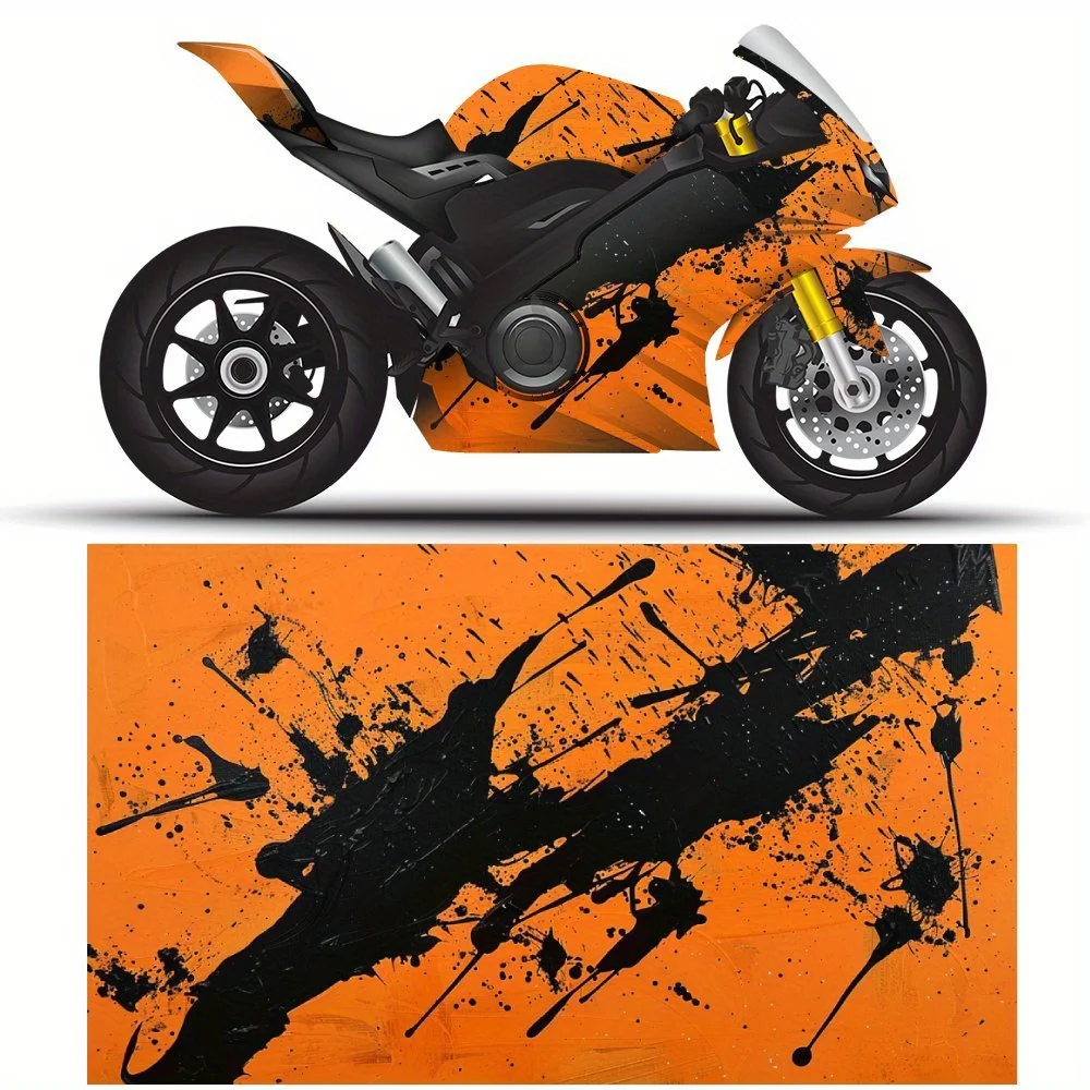 

Orange background with black splash Motorcycle Full Wrap Stickers Decorative Motorcycle Race Color Change Decal Film Protect Gif