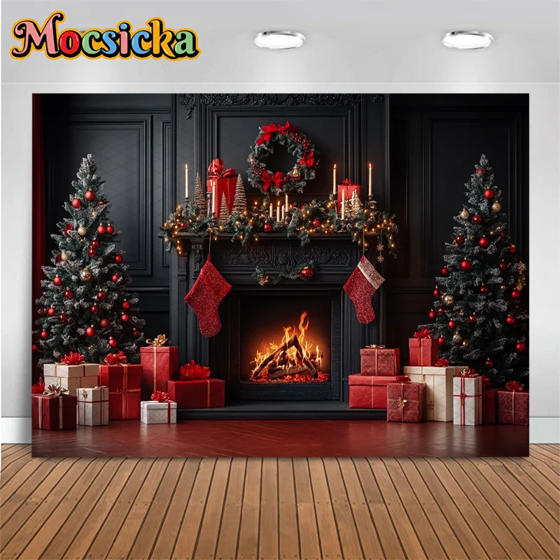 Mocsicka Christmas Backdrop Photography Fireplace Red Flower Gift Xmas Tree Photo Background For Shooting Home Decoration Studio