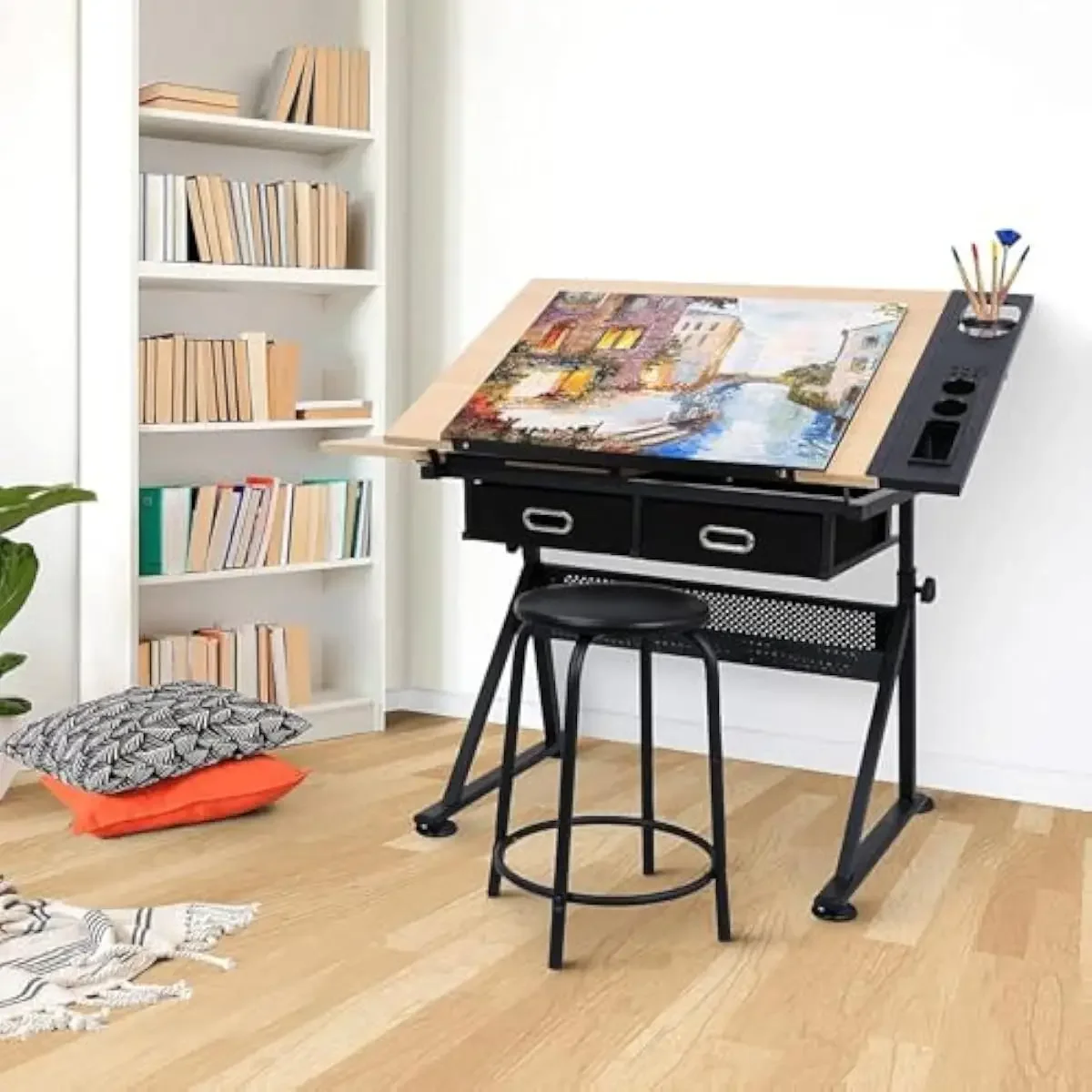Adjustable Drafting Desk with Tilting Wood Top 45° Angle Control Modern Alloy Steel Frame Non-Slip Floor Pads Dual Work Surfaces view 2
