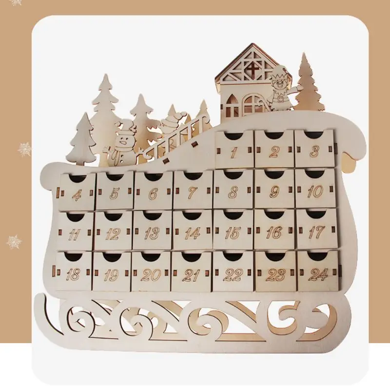 KX4B Sleigh Wooden Advent Calendar Countdown Christmas Decor 24 Drawer with LED Light