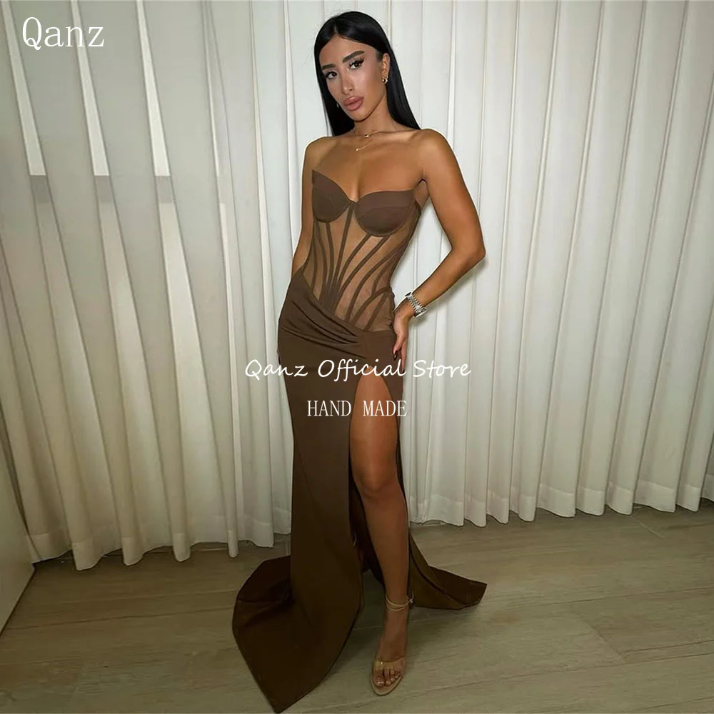 

Qanz Sexy Mermaid Prom Dresses Sweethert Corset Back High Slit Satin Illusion Evening Dress Mermaid Party Gowns Customized