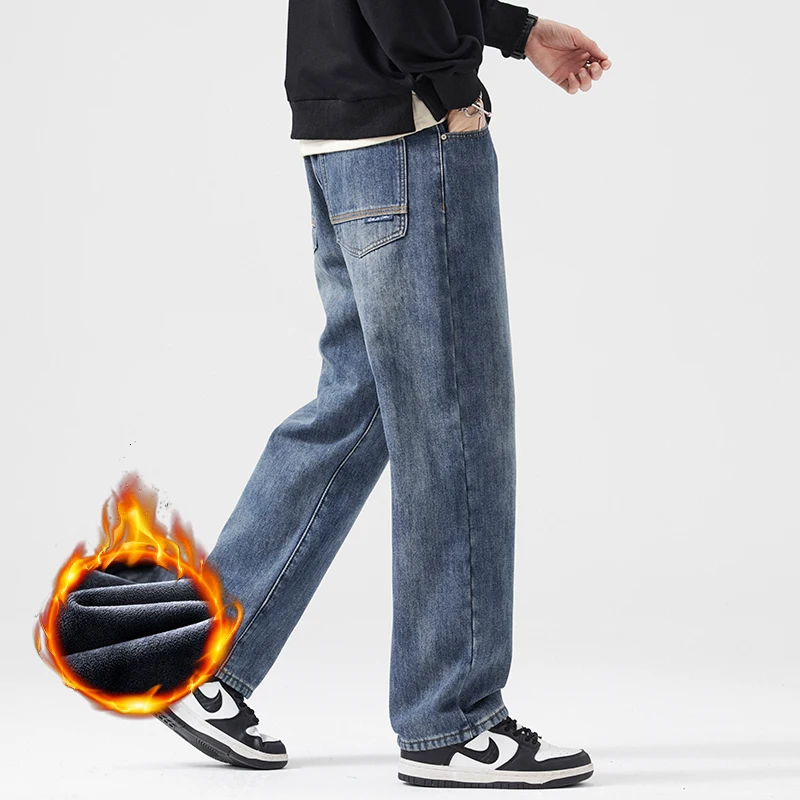 فضفاض الجينز الشتاء سميكة موضة الصوف مستقيم عادية بلون بنطلون دافئ أفخم واسعة الساقين الدنيم السراويل