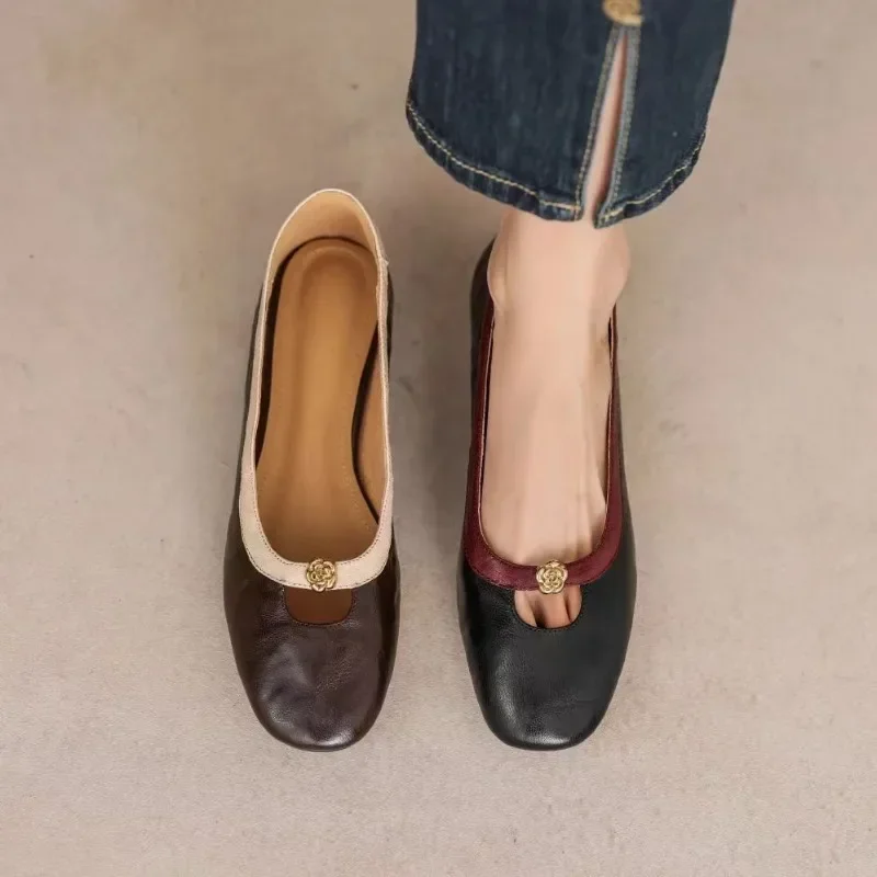

Women Dress Shoes Leather Spring 2025 New Square Toe Ballet Shoes Women Mid Heel Fashion Women Office Shoes