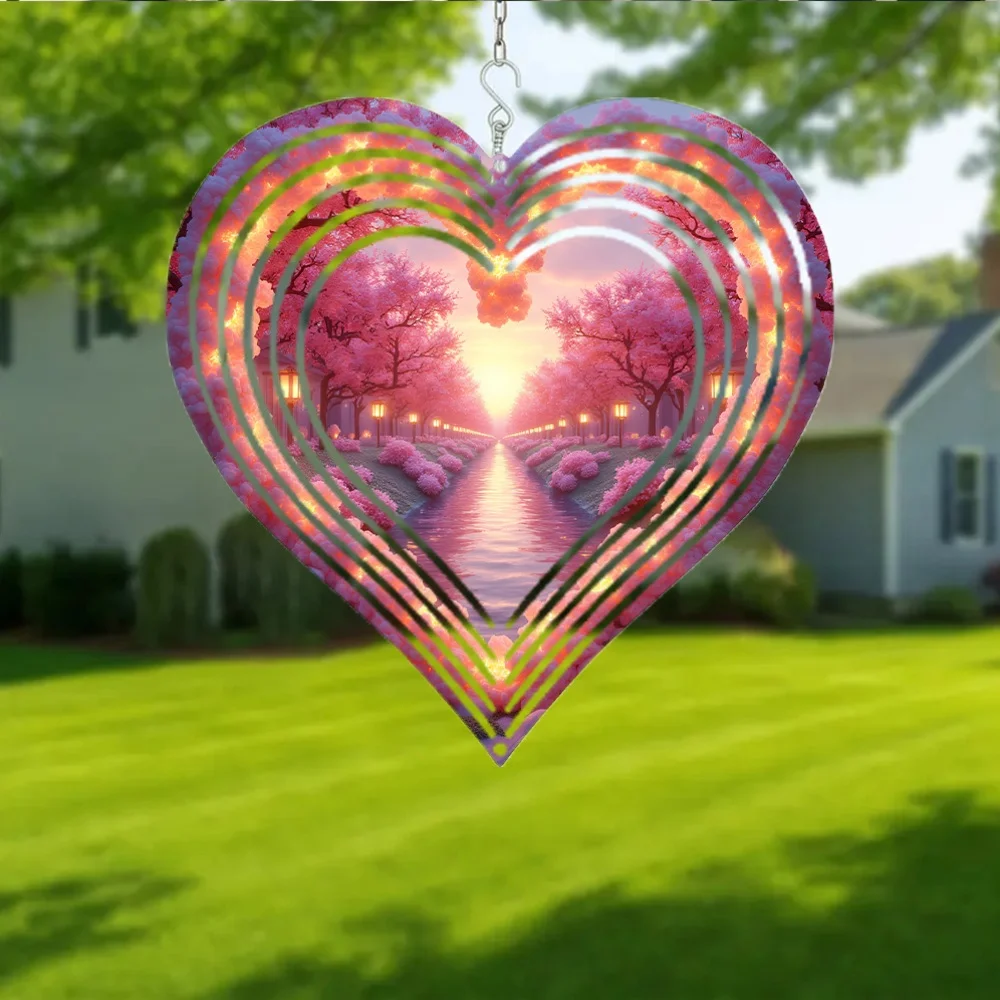2D Flat Dimensional Flat Metal Wind Chime, Decorative Hanging Piece, Serene Cherry Otherworldly Sunset Radiance with Drifting