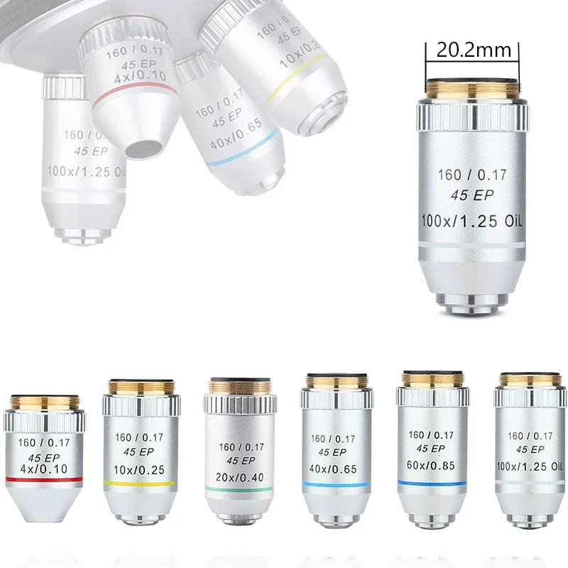 

Semi-plan Achromatic Objective Lens 195 mm Conjugate Distance 4X/10X/20X/40X/60X/100X for Biological Microscope 160/0.17 45EP
