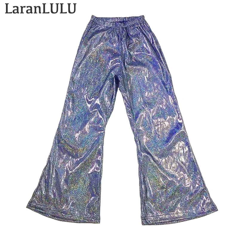 Sexy PU Leather Bell-bottoms Metallic Pants Shiny Holographic Flare Pants Adult Child Bodycon Elastic Waist Trousers Clubwear