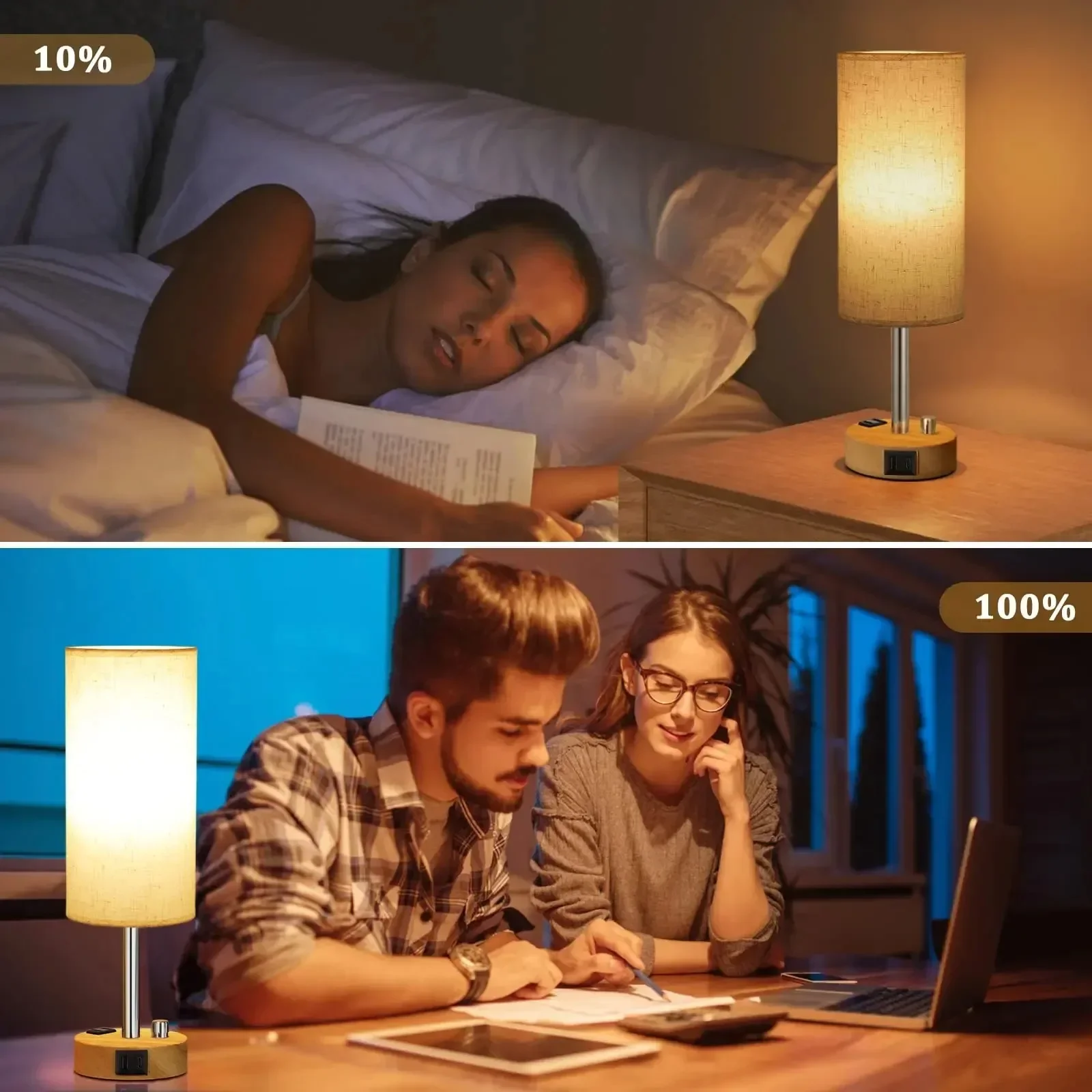 Dimmable Bedside Lamp with USB Port Outlet Led Table Lamp for Bedroom Eye Protection Rechargeable Lamp Reading Lighting Fixture