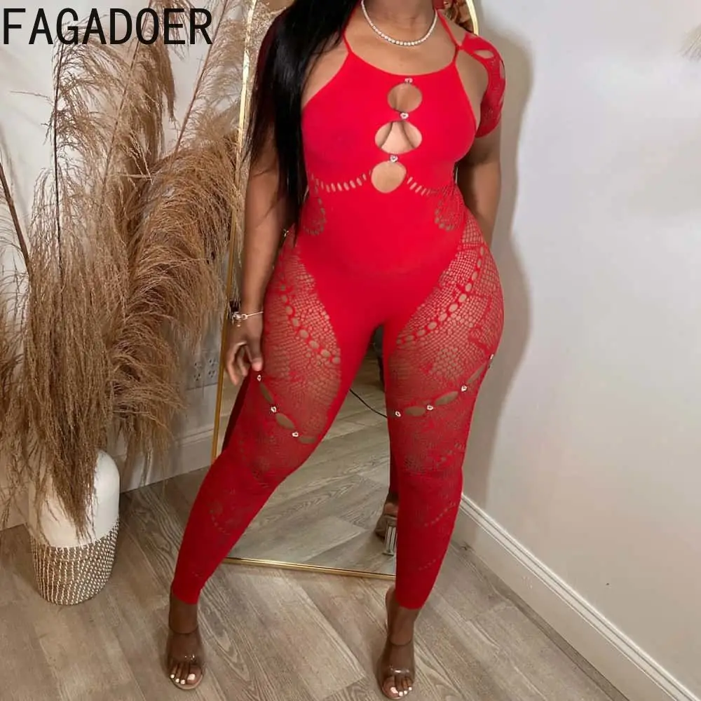 

FAGADOER Mesh Lace Up Jumpsuits Women Sexy Coquette Hollow Diamonds Patchwork See Through Slim Overalls Night Club Party Wear