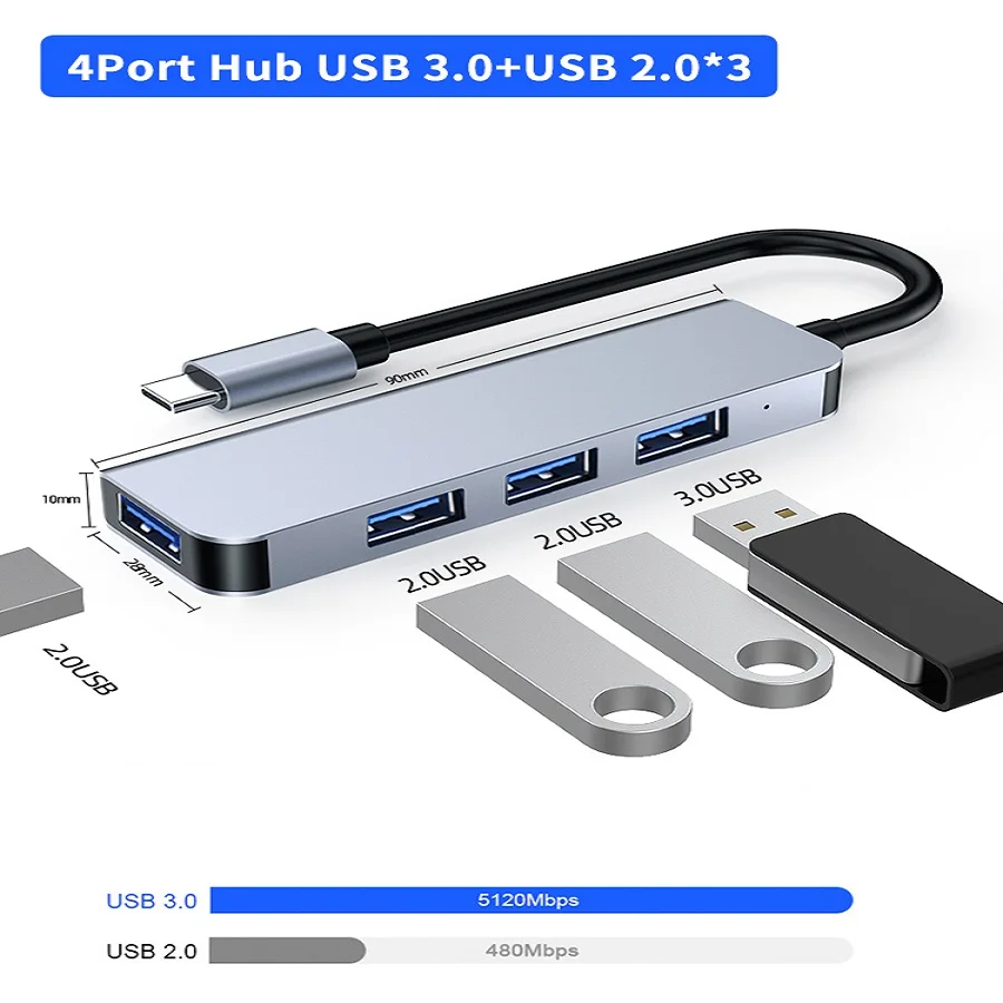 4 in 1 Hub 4 Ports Expander USB 3.0 3*Usb 2.0 Type C Multi Splitter For Lenovo Xiaomi Apple Huawei MateBook Computer Accessories