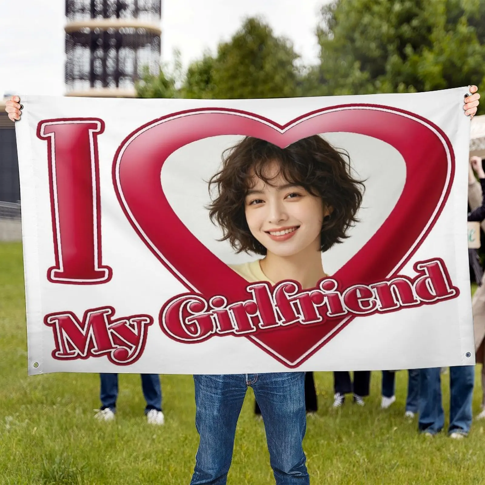 Custom Personalized Multicolor I Love My Girlfriend Flag Banner Tapestry with Photo Funny Room Decor Durable Polyester 4 Eyelets