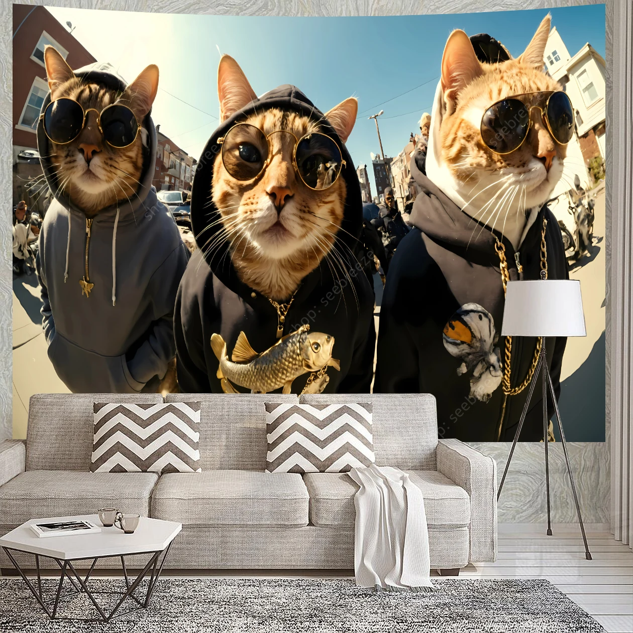 Funny Gangster Cat Trio Tapestry Wall Hanging Hippie Meme Tapestry Aesthetic Kawaii Room Decor Bedroom Living Room Wall Decor