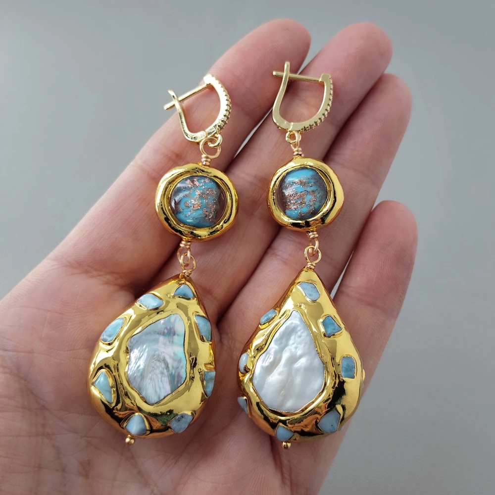 

Y·YING Freshwater White Pearl Larimar Blue Murano Glass Dangle Lever Back Earrings