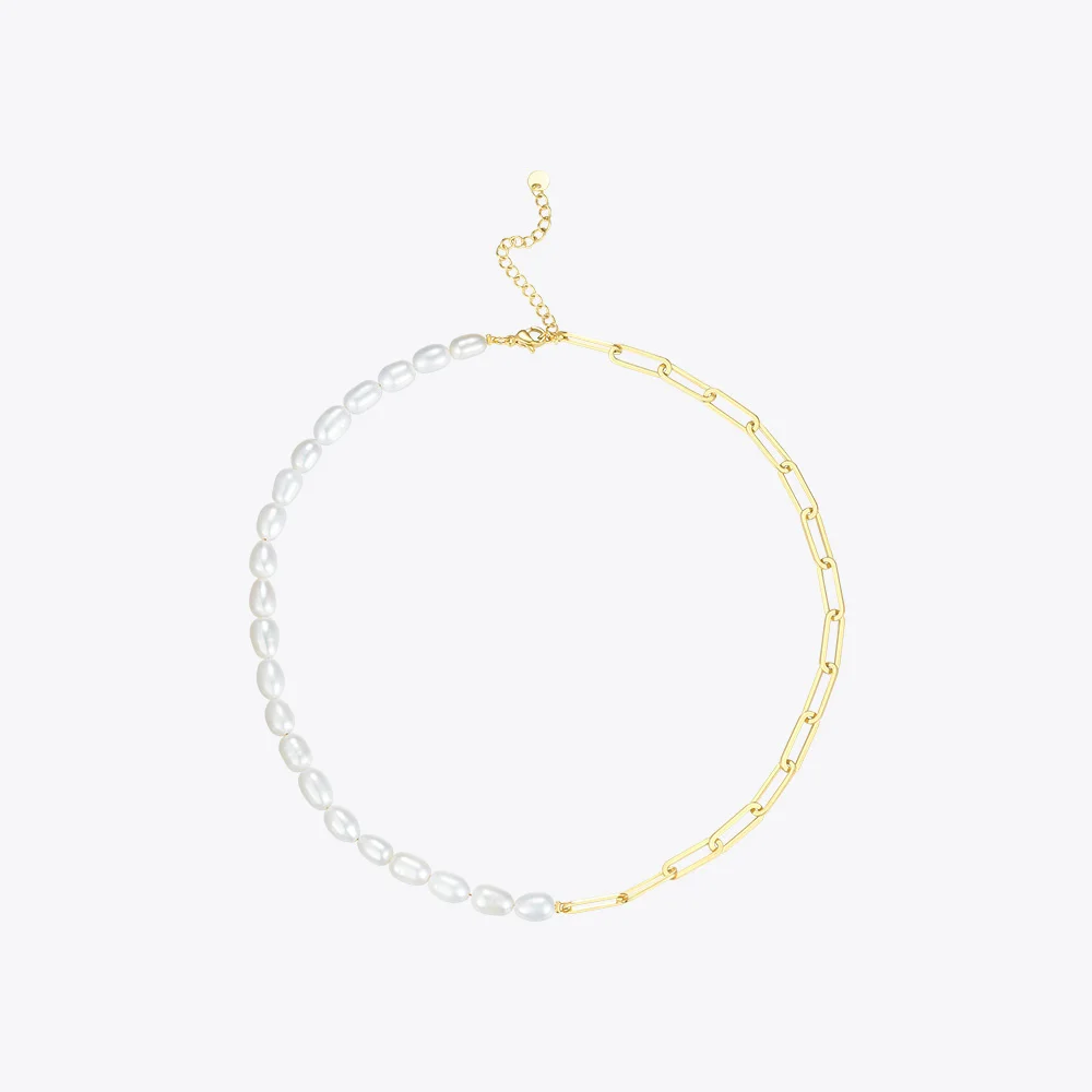 

ENFASHION Natural Pearl Link Chain Choker Necklace Women Gold Color Stainless Steel Lady Necklace Fashion Femme Jewelry P193051