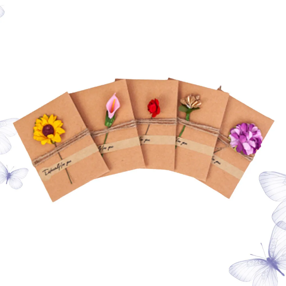 

5pcs Vintage Greeting Cards Kraft Paper Handmade Flower Design For Wedding Birthday Graduation Holiday Gift Party Decorative