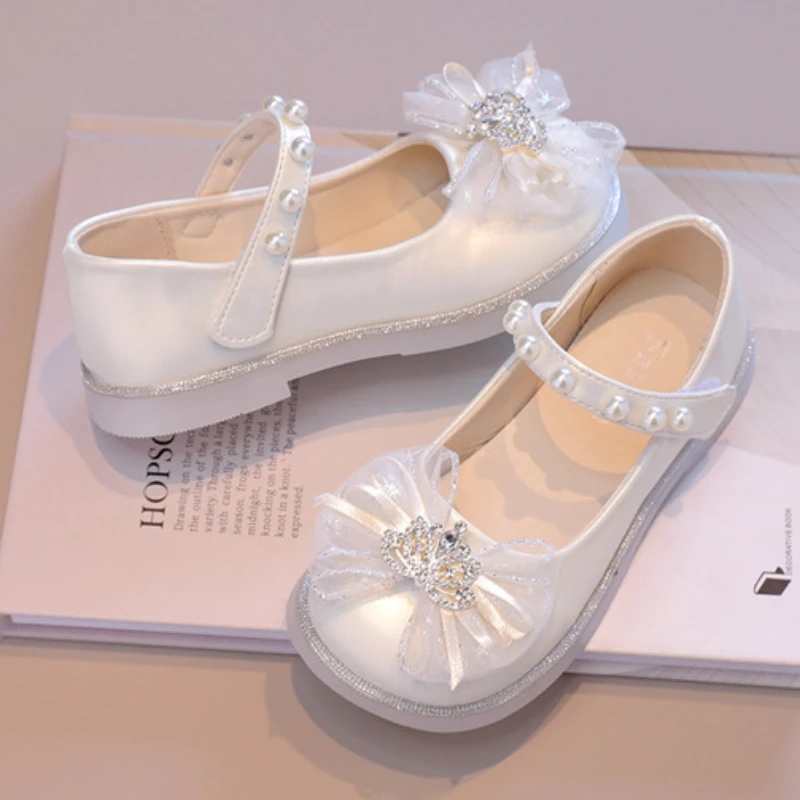 Girls Princess Leather Shoes 2024 New Elegant Sweet Kids Ballet Flat Shoes for Wedding Lace Bowknot Children Dress Single Shoes