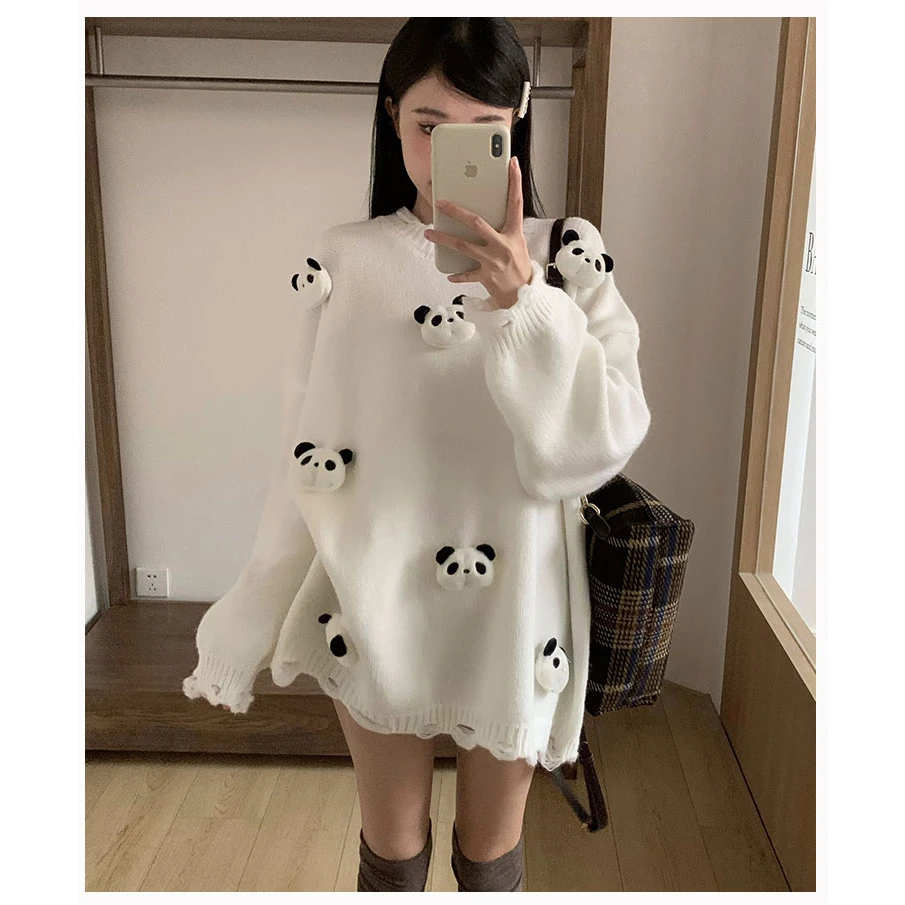 

Faionable Long Sve Panda Doll Sweater plus Size Women's Korean Design Winter Outerwear Base irt Sli Top