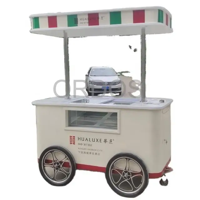 

Popular Outdoor 6 Barrels/10 Pans Gelato Ice Cream Cart display freezer for popsicle with battery