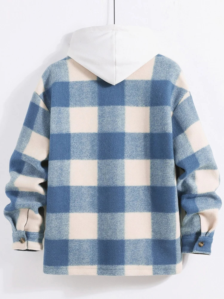 ZAFUL Checked Plaid Colorblock Jacket Woolen Turn Down Collar Coat Winter Unisex Streetwear Warm Outerwear with Pocket Z5113447