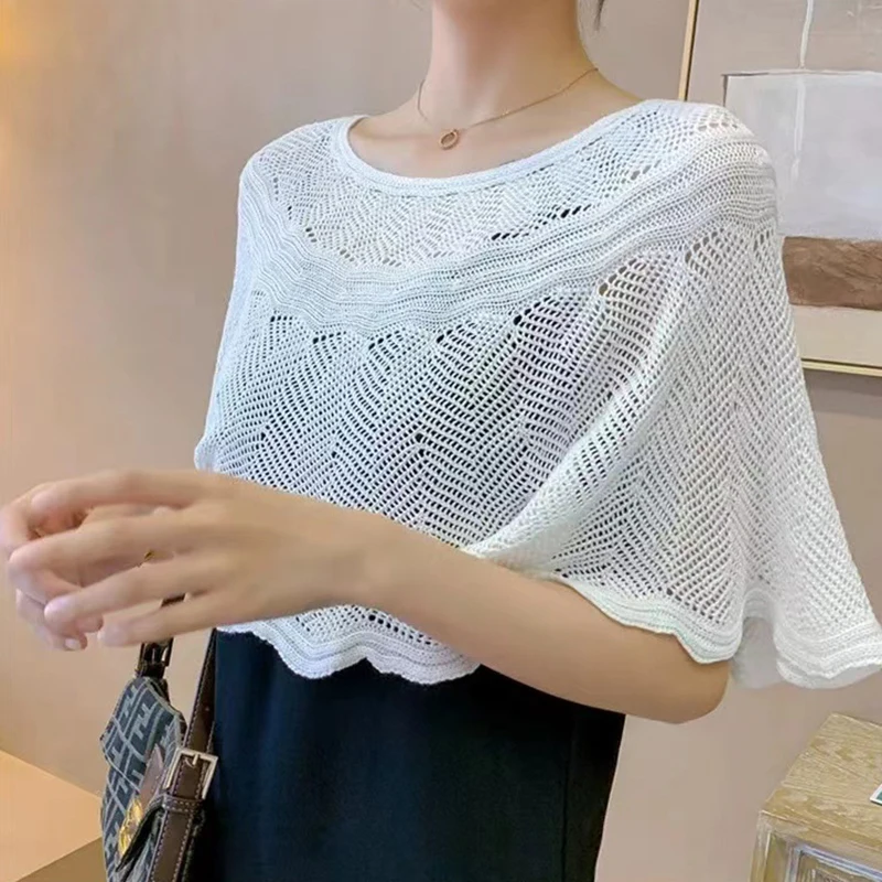 2024 Knitted Cotton Shawl Hollowed-Out Scarf Female Pure Color Stoles Summer Thin Pashmina Sunscreens All Martch Bib Shawl